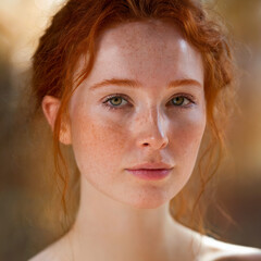 Close-Up Portrait of a Young Red-Haired Woman with Freckles in Natural Light