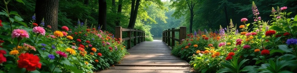 Dense foliage and wildflowers around a wooden bridge, colorful blooms, forest floor, wooden bridge