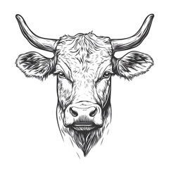 Majestic Cow Head  Farm Animal Portrait  Black and White Illustration
