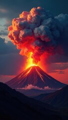 Fototapeta premium Volcanic ash cloud rising to the sky with a fiery glow, explosive force, dark background, pyroclastic flow