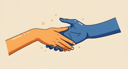 A stylized illustration of orange and blue hands meeting in a handshake. Symbolizing agreement, partnership, and collaboration with a modern aesthetic.