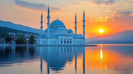 Obraz premium Sunrise Mosque Lakeside Serenity