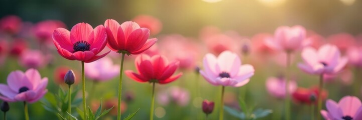 Fototapeta premium Maroon and pink anemones in a soft, pastel color palette, garden, flower field