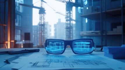 VR Glasses Showing Construction Plan on blueprints