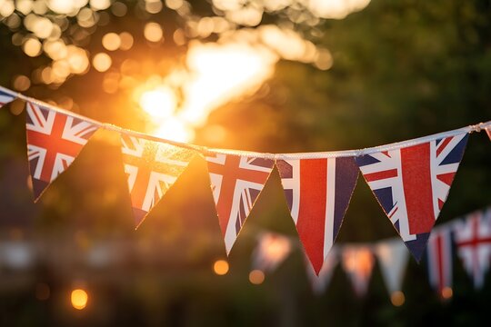 British union jack bunting flags hanging at sunset celebrating a british holiday - Powered by Adobe
