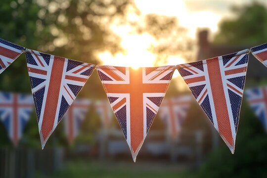 British union jack bunting flags hanging outdoors at sunset