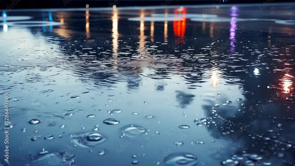 Poster raindrops create mesmerizing patterns on a wet surface during the evening, highlighting colorful ref