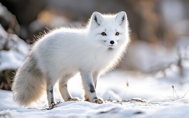 Professional stock photo of a Fluffy Arctic fox with a thick winter coat standing on snowy ground