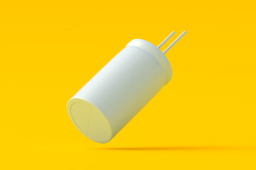 Falling electrolytic capacitor on orange background. Electrical condenser. Electronic parts. 3d render