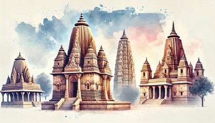 Fototapeta premium Bihar day card illustration in watercolor style with temples.