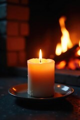 Burning Advent candle in a crackling fireplace, solitude, warm glow, embers