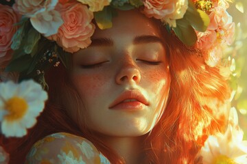 Obraz premium A young woman with closed eyes wears a floral crown, bathed in warm golden light, evoking peace, beauty, and a dreamy atmosphere