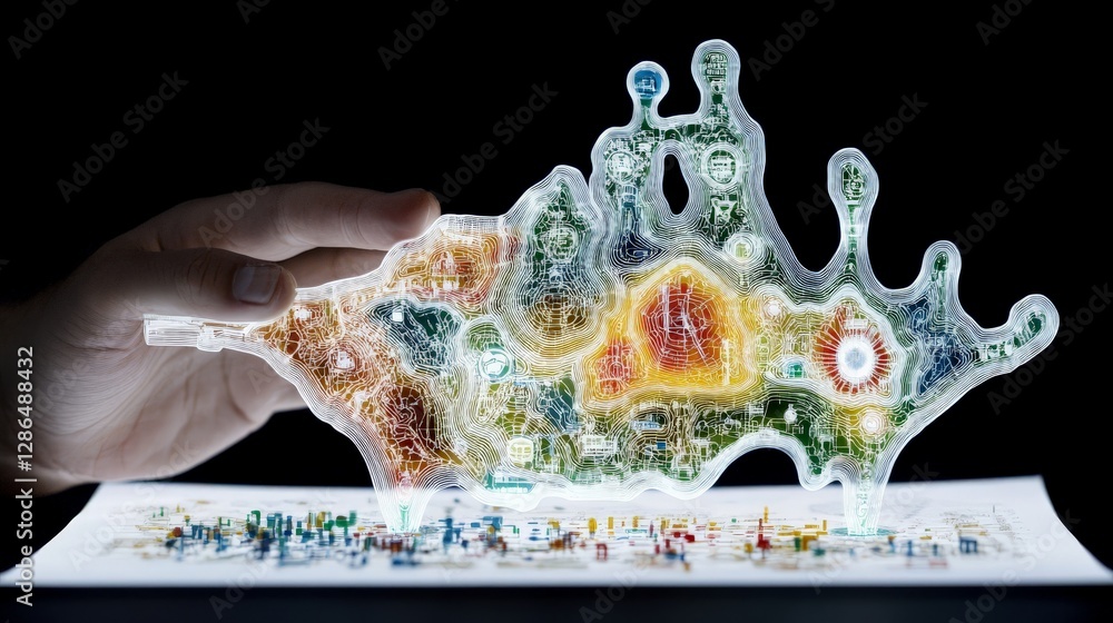 Poster abstract hand holding transparent map with colorful patterns