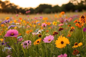 A vibrant field of colorful wildflowers in full bloom under the golden sunset, creating a picturesque and serene scene