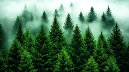 Obraz premium Dense evergreen forest shrouded in mist, creating a serene and mystical atmosphere for nature themes, eco-friendly designs, and tranquil backgrounds