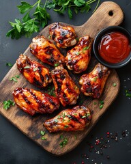 Grilled chicken wings with barbecue sauce on a wooden board top view food photography on a dark background 