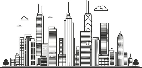 Fototapeta premium Minimalist city skyline illustration with modern skyscrapers in black and white.