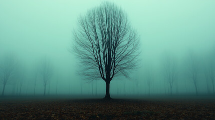 Lone barren tree standing in a foggy landscape, evoking solitude and mystery for melancholic themes, atmospheric designs, and emotional storytelling