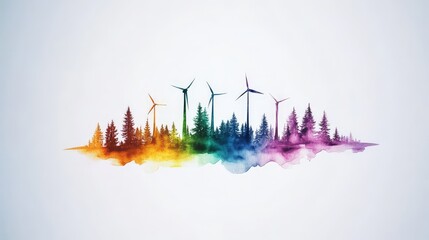 Fototapeta premium Vibrant watercolor wind turbine farm with multicolored sky and trees symbolizing harmony between renewable energy and nature digital painting