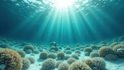 Obraz premium Sunlight filtering through water illuminating bleached coral reef and damaged marine habitat 