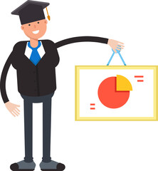 Graduated Student Character Holding Pie Chart Signage
