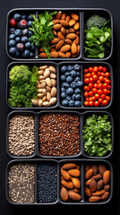 Colorful flatlay of healthy nuts, fresh berries, and vegetables for culinary inspiration