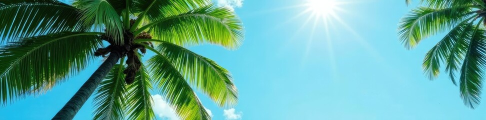 Fototapeta premium Verdant palm tree branches suspended in the sky, serene, foliage