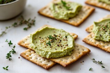 Freshly Prepared Hummus Spread on Crunchy Crackers with Sprinkled Seeds and Herbs