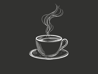 Black and white sketch of a steaming coffee cup on a saucer.