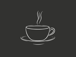 Minimalist line art of a steaming coffee cup on a saucer.