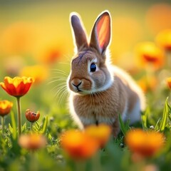 Bunny Playing in Flower Field