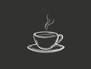 Minimalist black and white sketch of a steaming coffee cup.