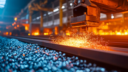 A close-up view of a robotic arm performing metalworking, with sparks flying amidst a backdrop of glowing molten materials in an industrial setting.