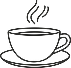 Simple line icon of a steaming hot coffee cup on a saucer.