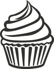 Black and white illustration of a cupcake with swirled frosting.