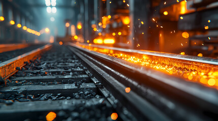 A close-up view of glowing tracks in an industrial setting, with sparks and ambient light creating a dramatic atmosphere.