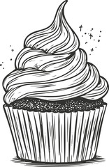 Black and white sketch of a cupcake with swirling frosting.
