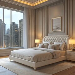 Elegant bedroom featuring skyline views luxury aesthetic and calming colors
