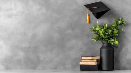 Graduation Decoration, Books, Plants, Gray Wall, Academic Setting, Background, Still Life, Simple