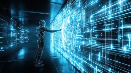 Astronaut interacts with a futuristic, glowing digital interface.