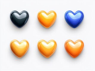 Fototapeta premium Set of six glossy heart icons in black blue and gold shades with metallic shine symbolizing elegance depth love modern digital design