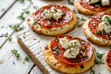 Realistic food photography of mini flammkuchen topped with creamy feta cheese and mild pepperoni resting on a rustic wooden table showcasing a golden crispy crust with fresh herbs scattered around