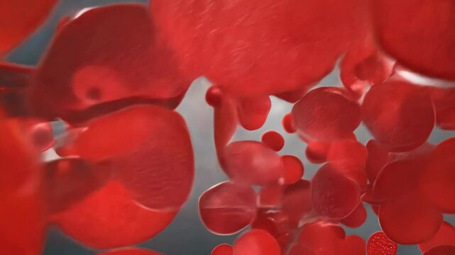 A highly detailed 3D-rendered visualization of red blood cells moving through the bloodstream, representing circulation, medical science, and biotechnology research.  
