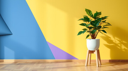 Sunlit Minimalist Interior: A single, vibrant green plant in a minimalist white pot stands elegantly in a sun-drenched room against a textured wall. The sunlight casts a warm shadow. natural glow