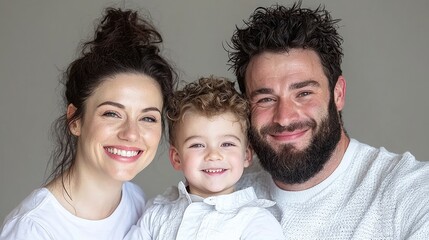 Fototapeta premium Happy family portrait, studio shot, smiling parents and child. Possible use Family album, social media