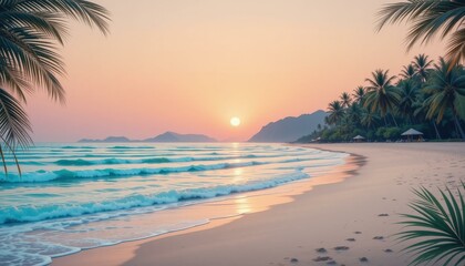 Tropical Beach Sunset Palm Trees Gentle Waves Pastel Colors - Serene Coastal Scenery Travel Marketing Vacation Promotions