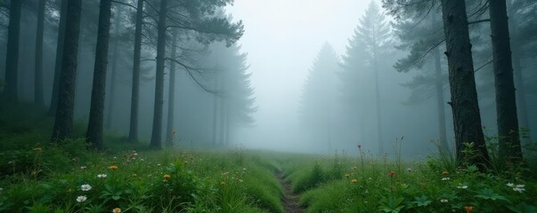 Dense fog in a forest clearing with tall trees and wildflowers, landscape, dense fog