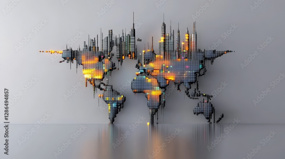Poster digital world map with colorful led squares for modern art design