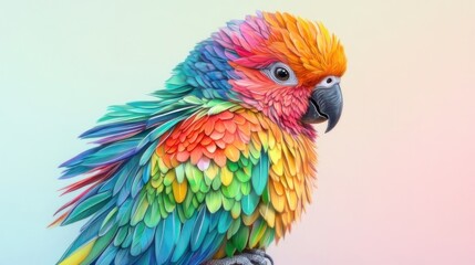 Fototapeta premium Colorful parrot portrait, vibrant feathers, soft pastel background