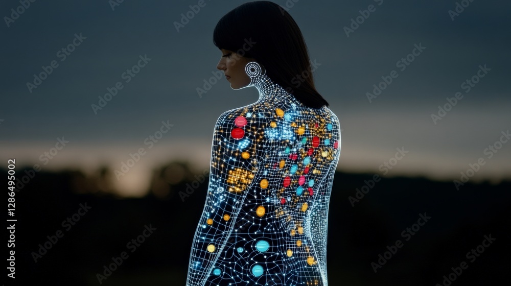 Aufkleber ethereal silhouette with glowing data patterns on dark background
